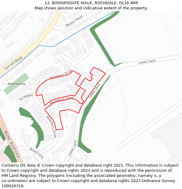 12, BISHOPSGATE WALK, ROCHDALE, OL16 4RR: Location map and indicative extent of plot