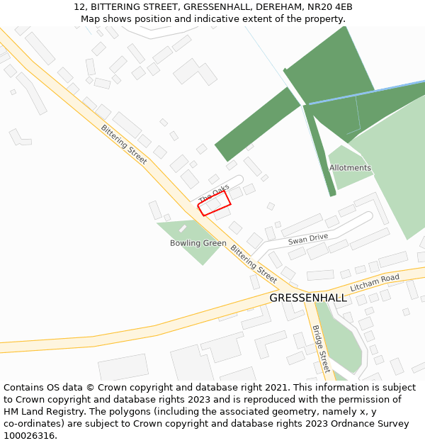 12, BITTERING STREET, GRESSENHALL, DEREHAM, NR20 4EB: Location map and indicative extent of plot