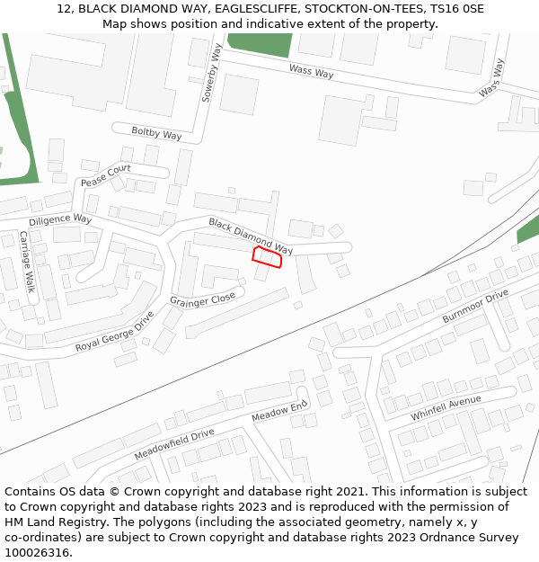 12, BLACK DIAMOND WAY, EAGLESCLIFFE, STOCKTON-ON-TEES, TS16 0SE: Location map and indicative extent of plot