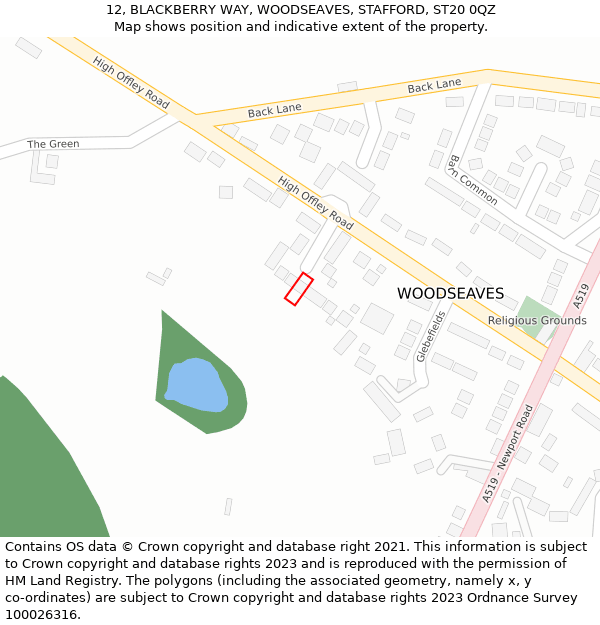 12, BLACKBERRY WAY, WOODSEAVES, STAFFORD, ST20 0QZ: Location map and indicative extent of plot