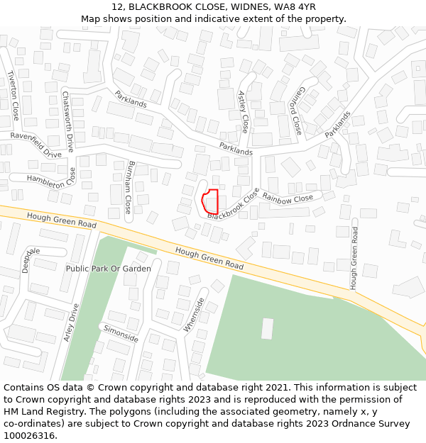 12, BLACKBROOK CLOSE, WIDNES, WA8 4YR: Location map and indicative extent of plot