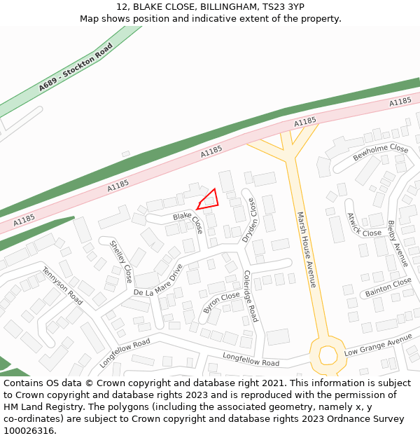 12, BLAKE CLOSE, BILLINGHAM, TS23 3YP: Location map and indicative extent of plot