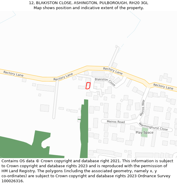 12, BLAKISTON CLOSE, ASHINGTON, PULBOROUGH, RH20 3GL: Location map and indicative extent of plot