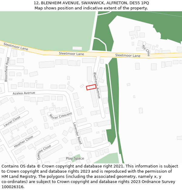 12, BLENHEIM AVENUE, SWANWICK, ALFRETON, DE55 1PQ: Location map and indicative extent of plot