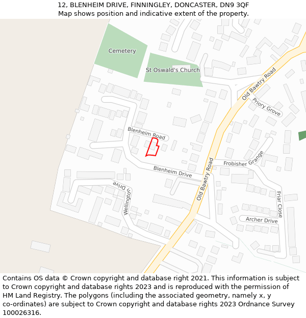12, BLENHEIM DRIVE, FINNINGLEY, DONCASTER, DN9 3QF: Location map and indicative extent of plot