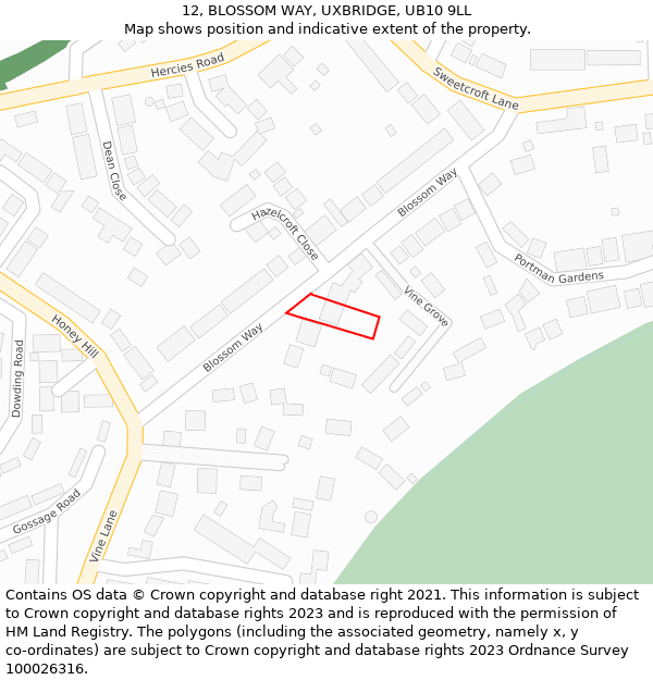 12, BLOSSOM WAY, UXBRIDGE, UB10 9LL: Location map and indicative extent of plot