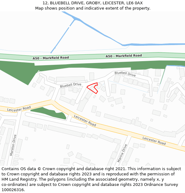 12, BLUEBELL DRIVE, GROBY, LEICESTER, LE6 0AX: Location map and indicative extent of plot