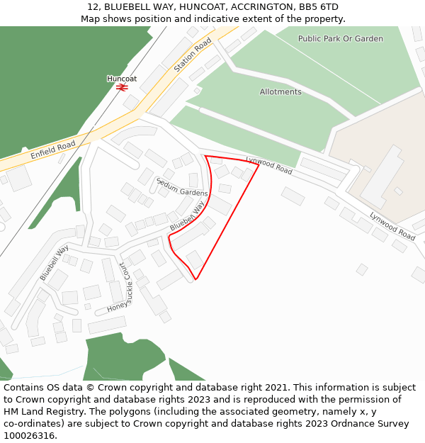 12, BLUEBELL WAY, HUNCOAT, ACCRINGTON, BB5 6TD: Location map and indicative extent of plot