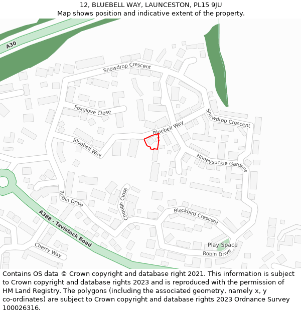 12, BLUEBELL WAY, LAUNCESTON, PL15 9JU: Location map and indicative extent of plot