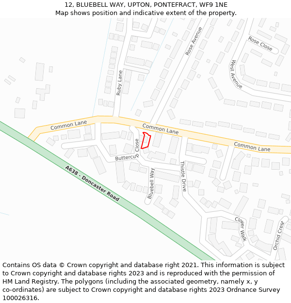 12, BLUEBELL WAY, UPTON, PONTEFRACT, WF9 1NE: Location map and indicative extent of plot