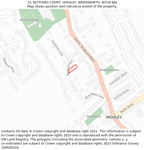 12, BLYTHING COURT, HIGHLEY, BRIDGNORTH, WV16 6JQ: Location map and indicative extent of plot