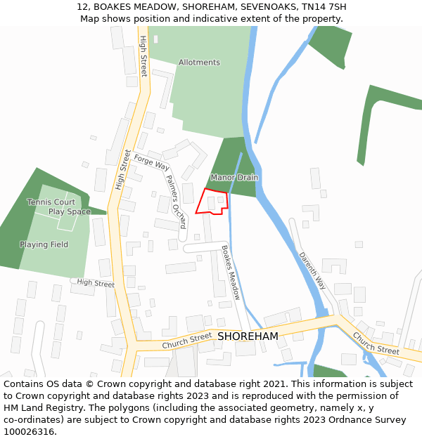 12, BOAKES MEADOW, SHOREHAM, SEVENOAKS, TN14 7SH: Location map and indicative extent of plot