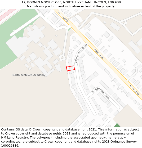 12, BODMIN MOOR CLOSE, NORTH HYKEHAM, LINCOLN, LN6 9BB: Location map and indicative extent of plot