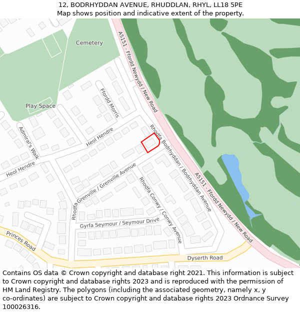 12, BODRHYDDAN AVENUE, RHUDDLAN, RHYL, LL18 5PE: Location map and indicative extent of plot