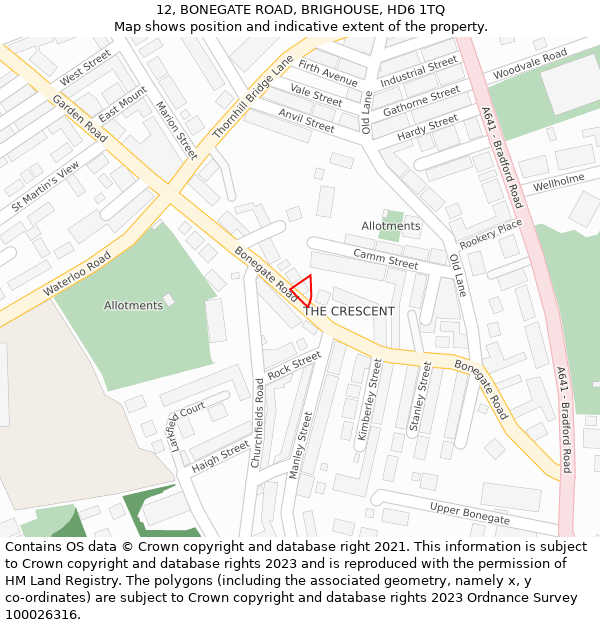 12, BONEGATE ROAD, BRIGHOUSE, HD6 1TQ: Location map and indicative extent of plot