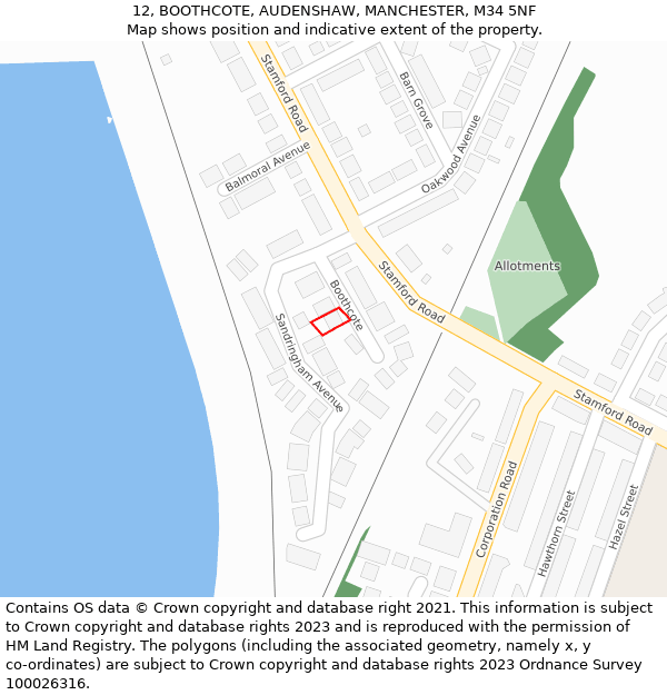 12, BOOTHCOTE, AUDENSHAW, MANCHESTER, M34 5NF: Location map and indicative extent of plot