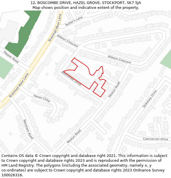 12, BOSCOMBE DRIVE, HAZEL GROVE, STOCKPORT, SK7 5JA: Location map and indicative extent of plot