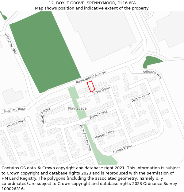 12, BOYLE GROVE, SPENNYMOOR, DL16 6FA: Location map and indicative extent of plot