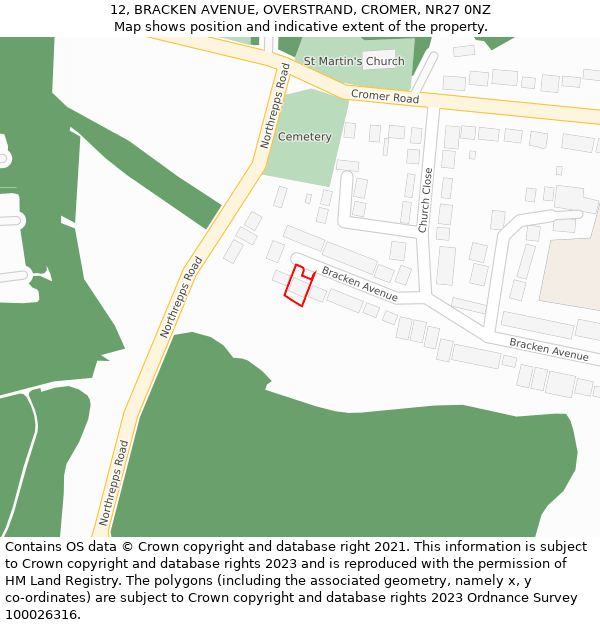 12, BRACKEN AVENUE, OVERSTRAND, CROMER, NR27 0NZ: Location map and indicative extent of plot