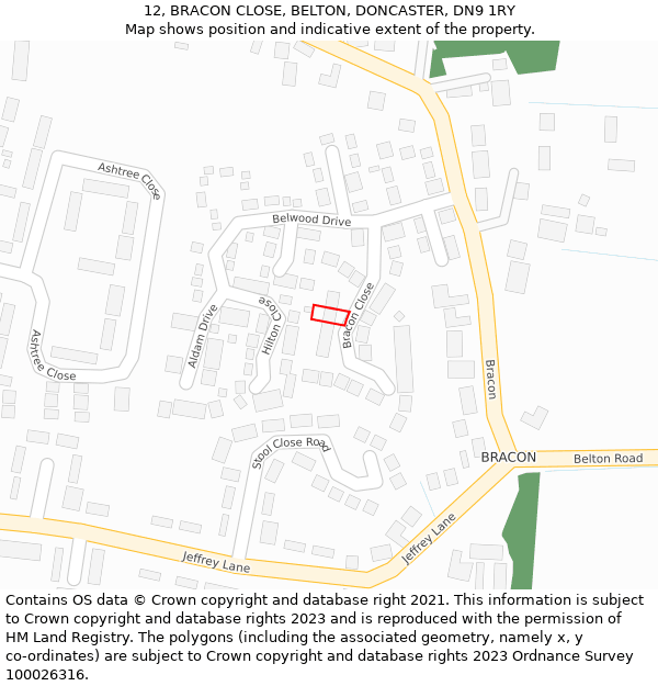 12, BRACON CLOSE, BELTON, DONCASTER, DN9 1RY: Location map and indicative extent of plot