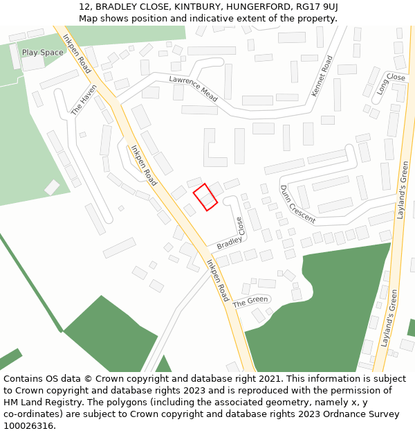 12, BRADLEY CLOSE, KINTBURY, HUNGERFORD, RG17 9UJ: Location map and indicative extent of plot