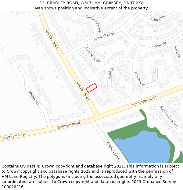 12, BRADLEY ROAD, WALTHAM, GRIMSBY, DN37 0XA: Location map and indicative extent of plot