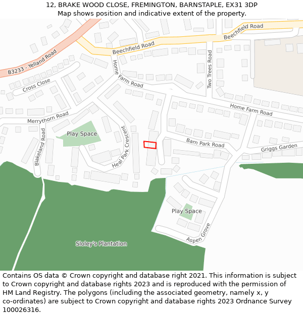 12, BRAKE WOOD CLOSE, FREMINGTON, BARNSTAPLE, EX31 3DP: Location map and indicative extent of plot