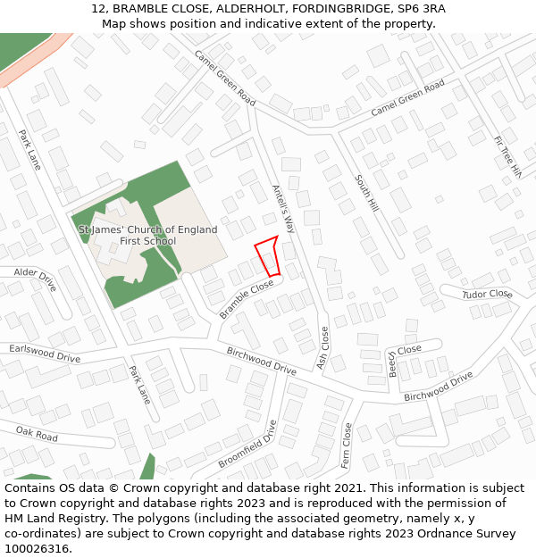 12, BRAMBLE CLOSE, ALDERHOLT, FORDINGBRIDGE, SP6 3RA: Location map and indicative extent of plot