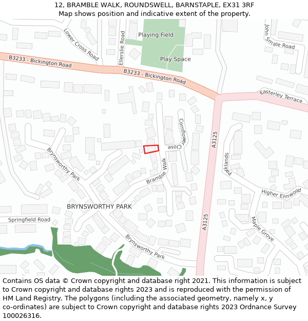 12, BRAMBLE WALK, ROUNDSWELL, BARNSTAPLE, EX31 3RF: Location map and indicative extent of plot