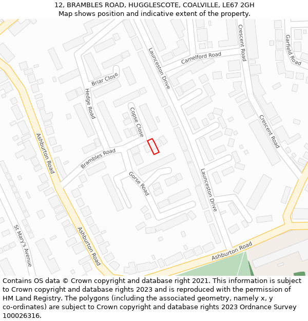 12, BRAMBLES ROAD, HUGGLESCOTE, COALVILLE, LE67 2GH: Location map and indicative extent of plot