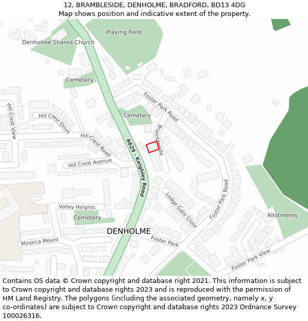 12, BRAMBLESIDE, DENHOLME, BRADFORD, BD13 4DG: Location map and indicative extent of plot