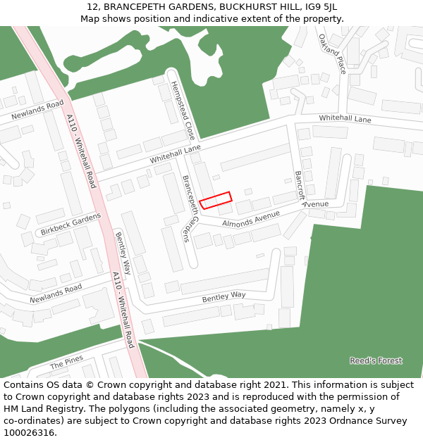 12, BRANCEPETH GARDENS, BUCKHURST HILL, IG9 5JL: Location map and indicative extent of plot