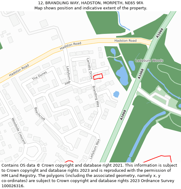 12, BRANDLING WAY, HADSTON, MORPETH, NE65 9FA: Location map and indicative extent of plot