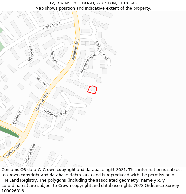 12, BRANSDALE ROAD, WIGSTON, LE18 3XU: Location map and indicative extent of plot