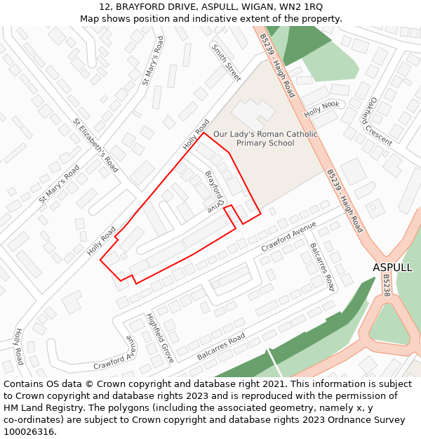 12, BRAYFORD DRIVE, ASPULL, WIGAN, WN2 1RQ: Location map and indicative extent of plot