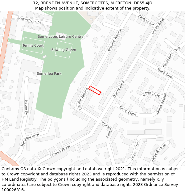 12, BRENDEN AVENUE, SOMERCOTES, ALFRETON, DE55 4JD: Location map and indicative extent of plot