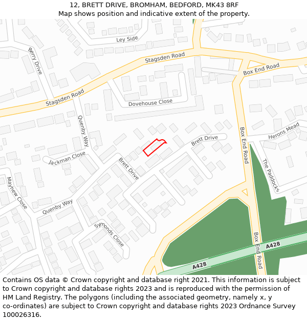 12, BRETT DRIVE, BROMHAM, BEDFORD, MK43 8RF: Location map and indicative extent of plot