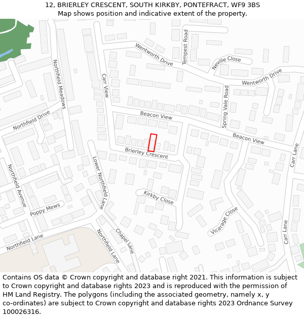 12, BRIERLEY CRESCENT, SOUTH KIRKBY, PONTEFRACT, WF9 3BS: Location map and indicative extent of plot