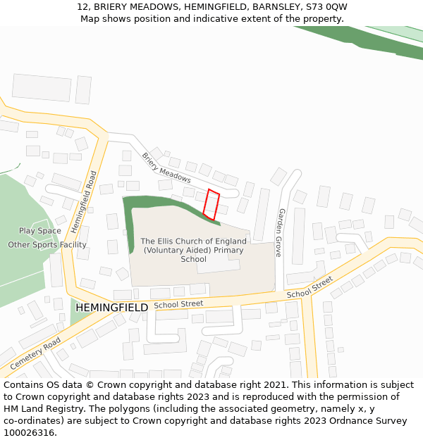 12, BRIERY MEADOWS, HEMINGFIELD, BARNSLEY, S73 0QW: Location map and indicative extent of plot