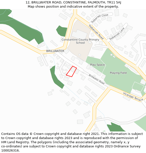 12, BRILLWATER ROAD, CONSTANTINE, FALMOUTH, TR11 5AJ: Location map and indicative extent of plot