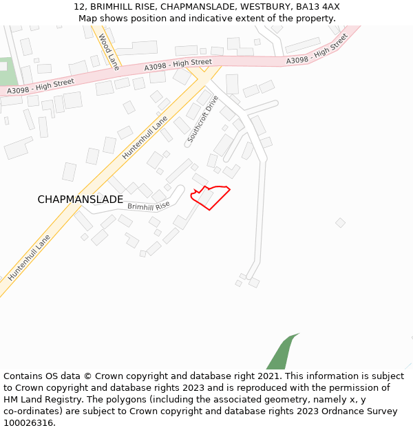 12, BRIMHILL RISE, CHAPMANSLADE, WESTBURY, BA13 4AX: Location map and indicative extent of plot