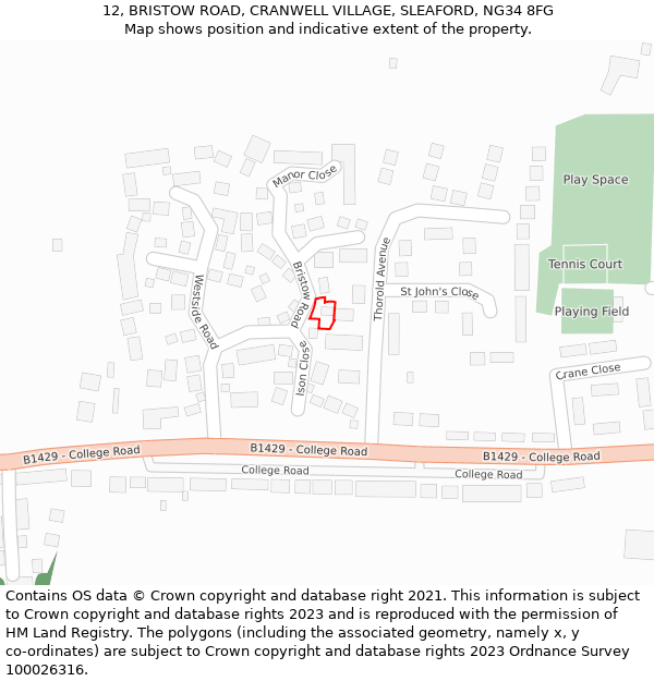 12, BRISTOW ROAD, CRANWELL VILLAGE, SLEAFORD, NG34 8FG: Location map and indicative extent of plot