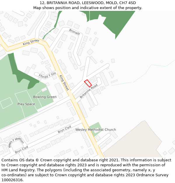 12, BRITANNIA ROAD, LEESWOOD, MOLD, CH7 4SD: Location map and indicative extent of plot