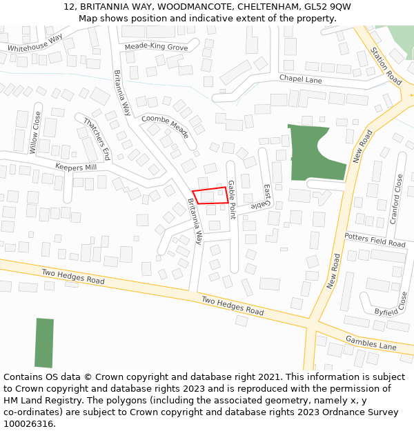 12, BRITANNIA WAY, WOODMANCOTE, CHELTENHAM, GL52 9QW: Location map and indicative extent of plot