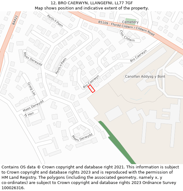 12, BRO CAERWYN, LLANGEFNI, LL77 7GF: Location map and indicative extent of plot