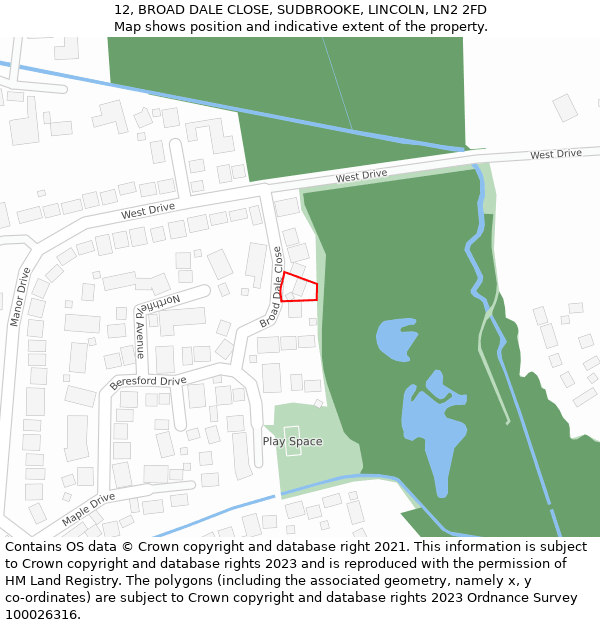 12, BROAD DALE CLOSE, SUDBROOKE, LINCOLN, LN2 2FD: Location map and indicative extent of plot