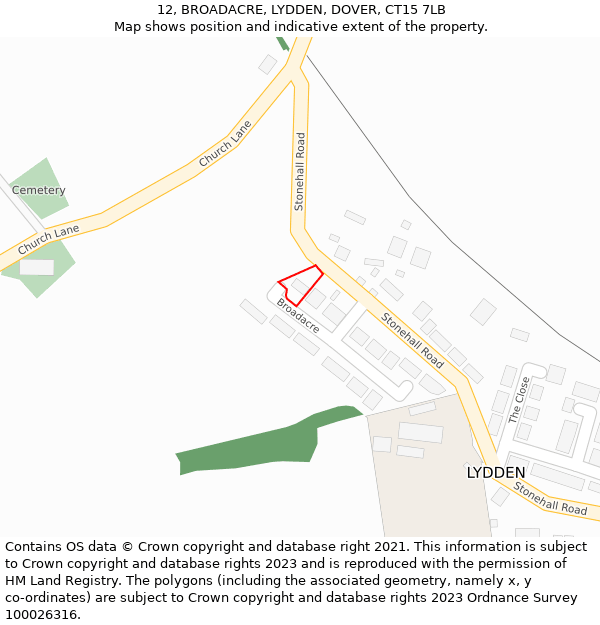 12, BROADACRE, LYDDEN, DOVER, CT15 7LB: Location map and indicative extent of plot