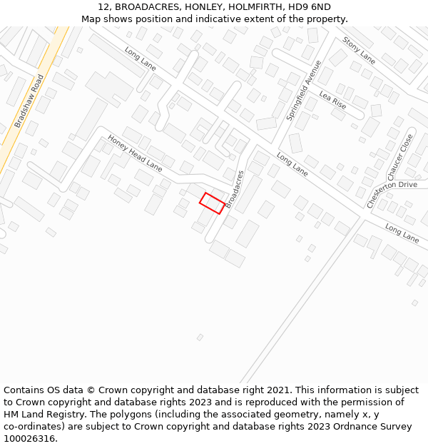 12, BROADACRES, HONLEY, HOLMFIRTH, HD9 6ND: Location map and indicative extent of plot