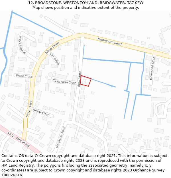 12, BROADSTONE, WESTONZOYLAND, BRIDGWATER, TA7 0EW: Location map and indicative extent of plot