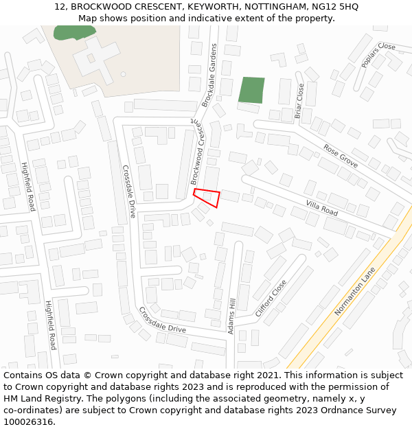 12, BROCKWOOD CRESCENT, KEYWORTH, NOTTINGHAM, NG12 5HQ: Location map and indicative extent of plot